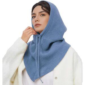 Women Blue Hooded Scarf Winter Beanie Hats Beanies Knitted Crochet Hat